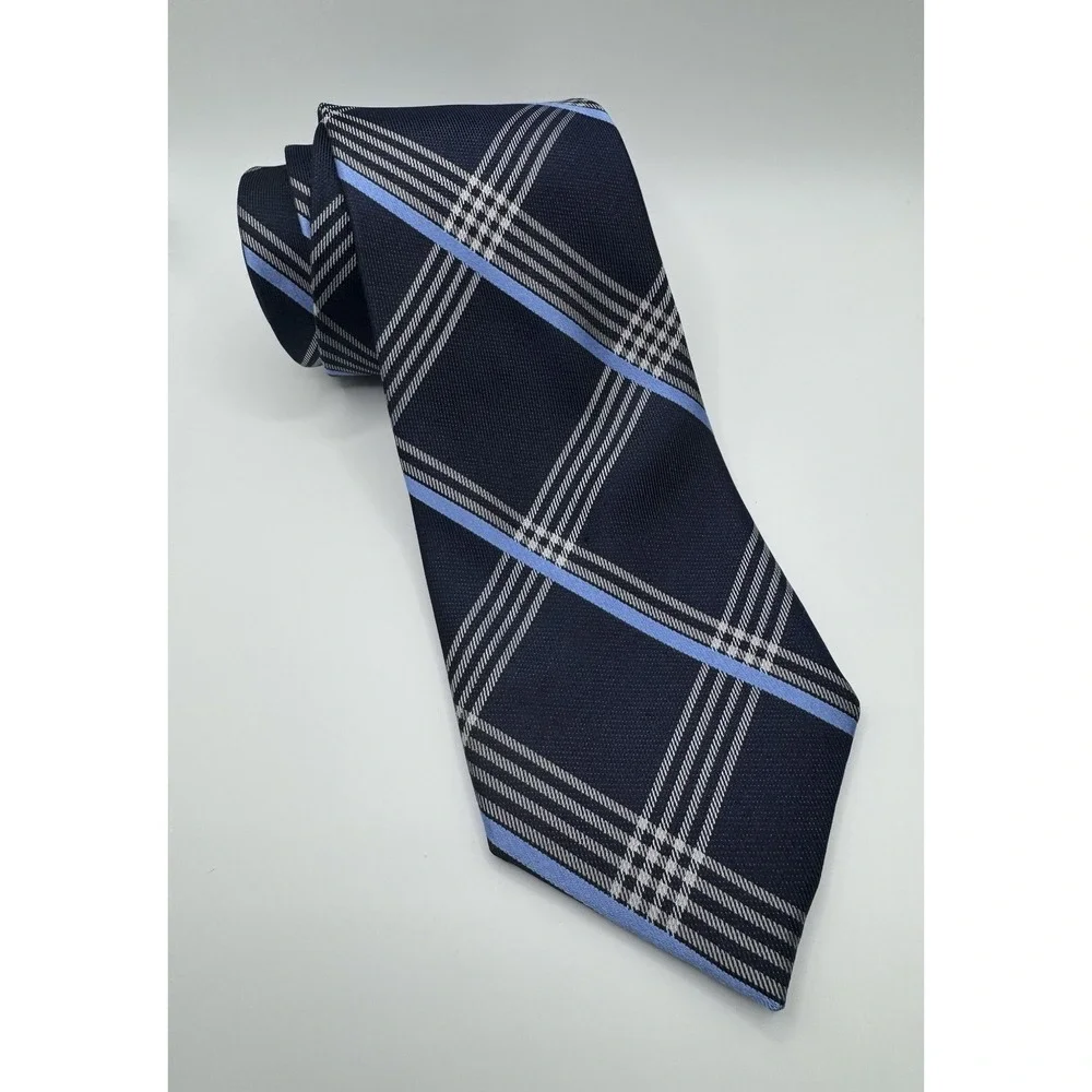 Michael Kors Tie Navy‎ Blue Plaid Check Silk Blend Classic Width Men's Necktie